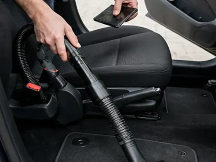 Aspirado en seco de los asientos y rincones interiores de un coche