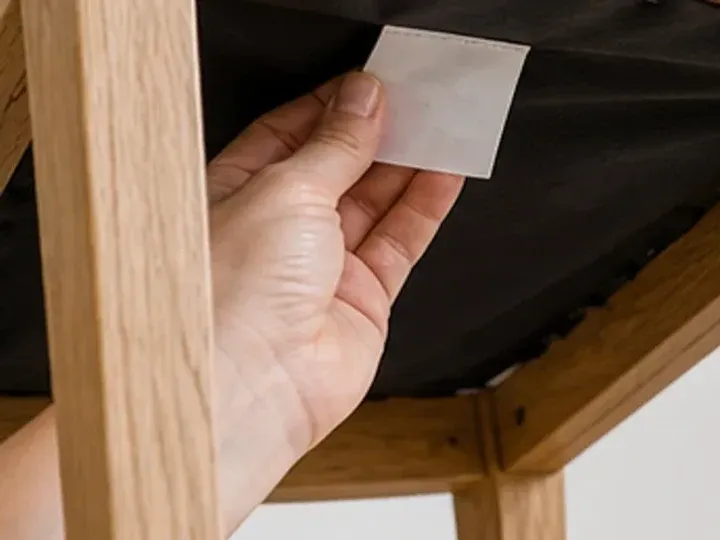 Comprobación de la etiqueta bajo el asiento tapizado de una silla