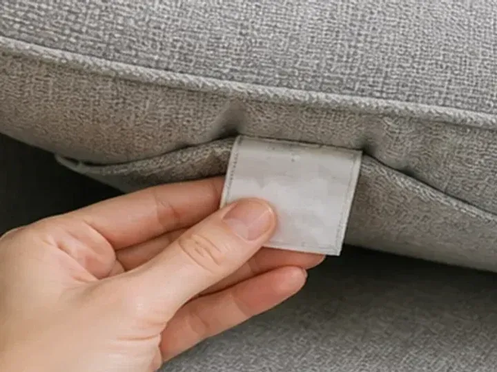 Comprobación de la etiqueta de limpieza situada bajo un cojín del sofá